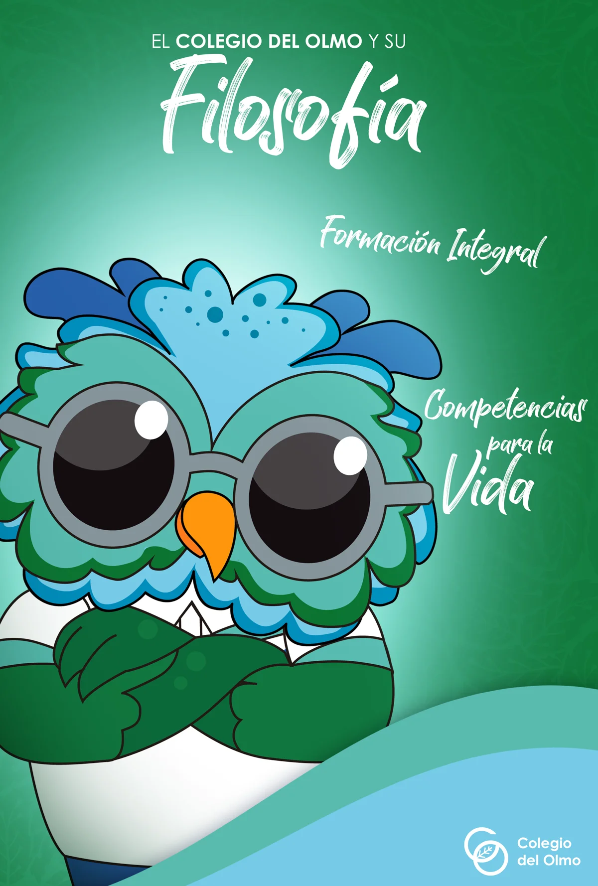 Mascota búho con lentes para Colegio del Olmo, sobre fondo verde con tipografía manuscrita.